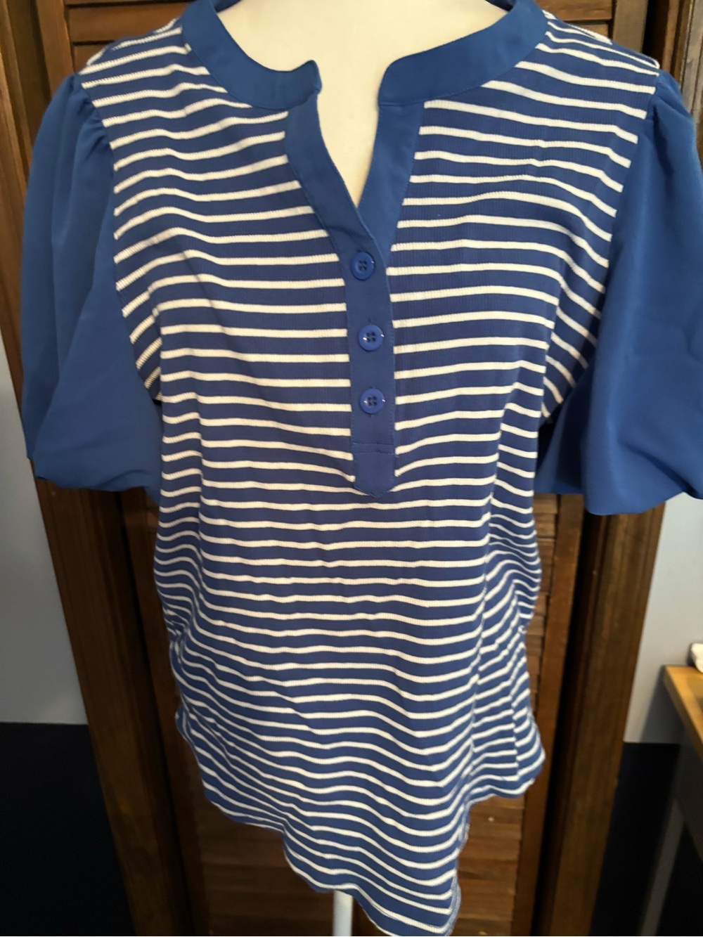Amazon Blue & White Striped Short Sleeve Henley Top